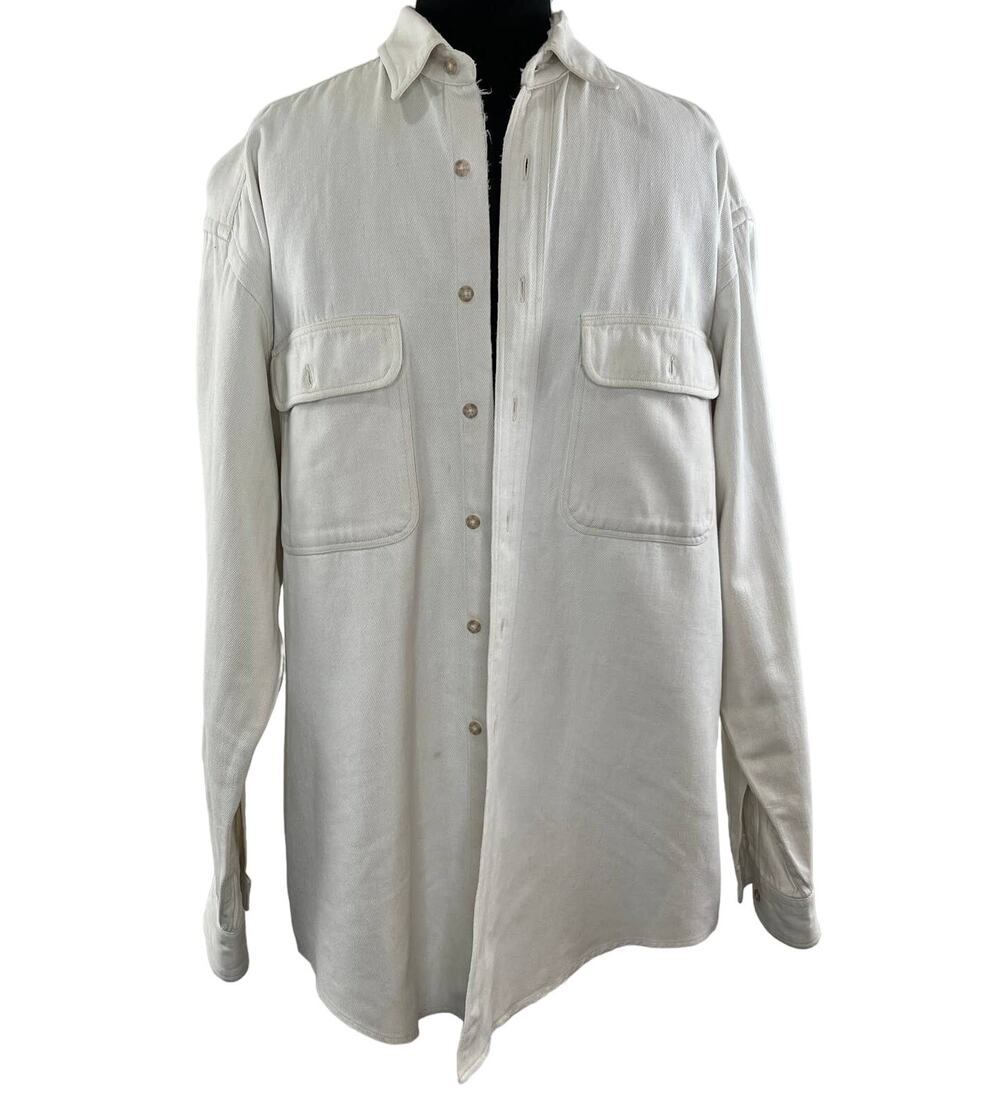 Vintage Men's White Denim Long Sleeve Button Cuff Button Down Shirt VTG